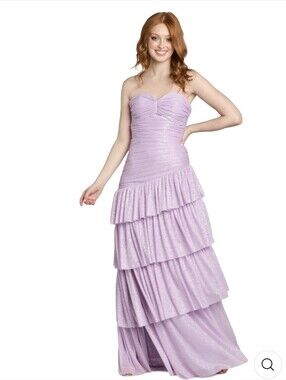 Morgan & Co. Strapless Shimmer Tiered Ruffle Gown Elowen Lilac Cascade Size 13